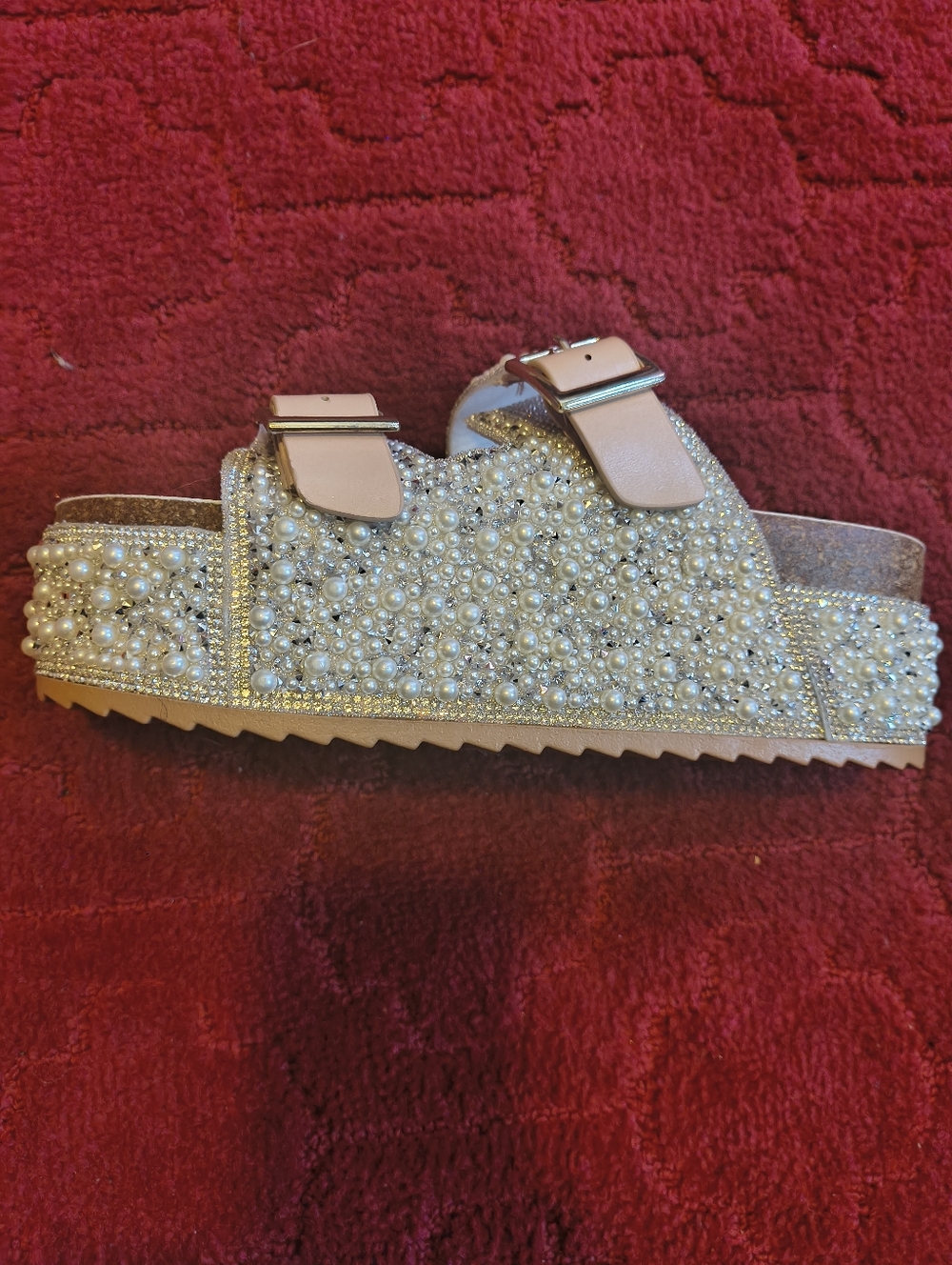 Pearl Beaded Dual-Buckle Slide Sandal in Light Pink and Pearl